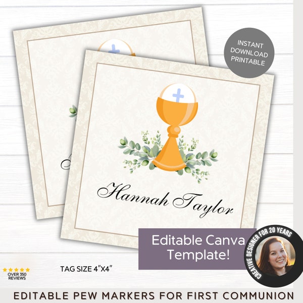 First Communion Church Pew Reserved Row Sign | Editable Template | Catholic Chalice Pew Tag | Seat Marker Printable | Instant Download