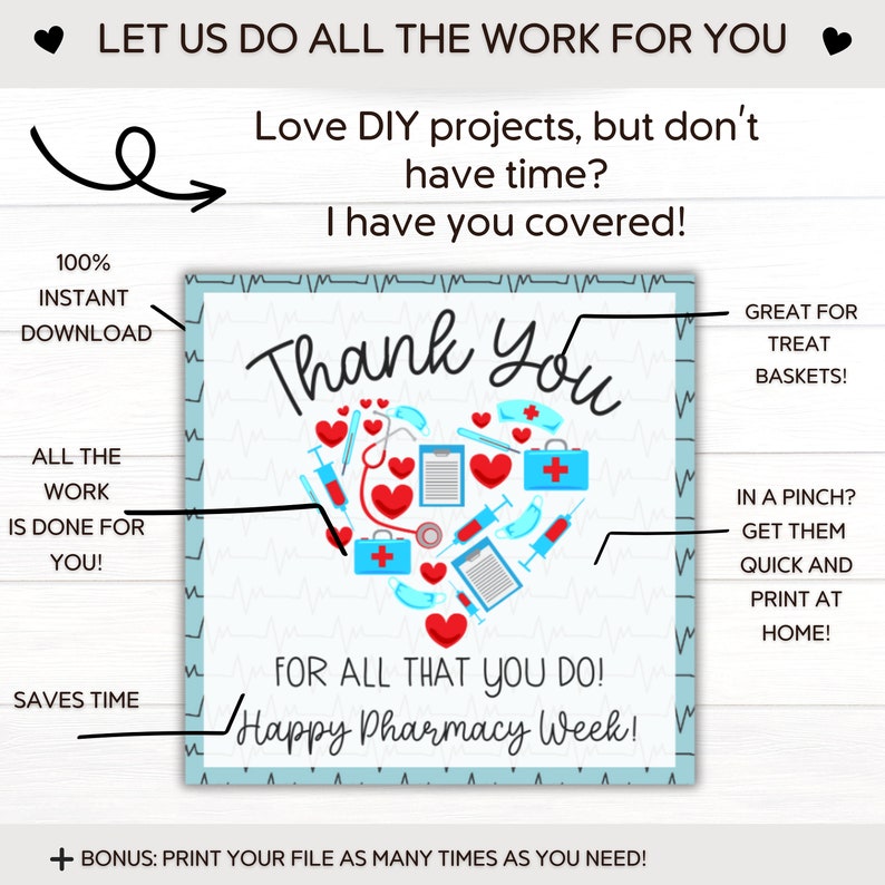 May include: Printable thank you card with a blue and white background. The card features a heart shape made of medical symbols, including a stethoscope, a syringe, a bandage, and a pill bottle. The text "Thank You" is written in large, bold letters above the heart. The text "For all that you do! Happy Pharmacy Week!" is written below the heart.