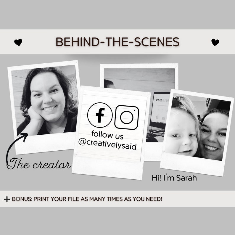 May include: Black and white photo collage featuring a woman, a child, and social media icons. The text "BEHIND-THE-SCENES" is at the top of the image. The text "The creator" is next to a photo of a woman. The text "Hi! I'm Sarah" is next to a photo of a woman and a child. The text "follow us @creativelysaid" is next to a Facebook and Instagram icon.