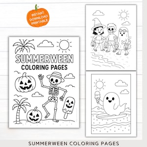 以下が含まれることがあります： 白黒の「Summerween Coloring Pages」の印刷可能ファイル。ハロウィンと夏のテーマの3つの塗り絵ページがあります。1つのページには、スケルトン、カボチャ、ヤシの木があります。他のページには、トリックオアトリートをする子供たちとサーフィンをする幽霊が描かれています。