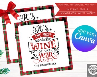 Editable Christmas Wine Tags | Wine Bottle Tags for Christmas Gifts | Wine Hostess Gift Tag | Holiday Spirits Gift Tag | Gift  Wine Bottle