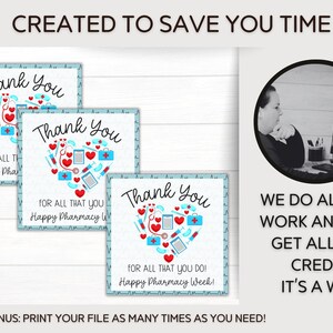 May include: Three printable thank you cards with a blue background and a red heart filled with pharmacy-related icons. The text on the cards reads "Thank You" and "For all that you do! Happy Pharmacy Week!"