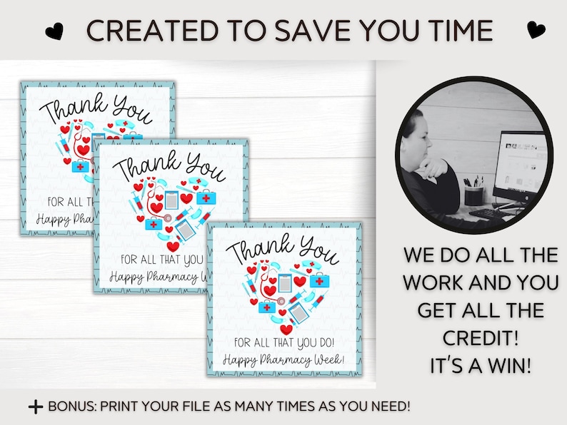 May include: Three printable thank you cards with a blue background and a red heart filled with pharmacy-related icons. The text on the cards reads "Thank You" and "For all that you do! Happy Pharmacy Week!"