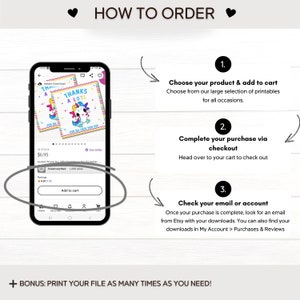May include: A digital screen showing a printable design of a unicorn with the text "Thanks a lot!" in rainbow colors. The screen shows instructions on how to order and download the printable design. The text on the screen says "Choose your product & add to cart", "Complete your purchase via checkout", and "Check your email or account".