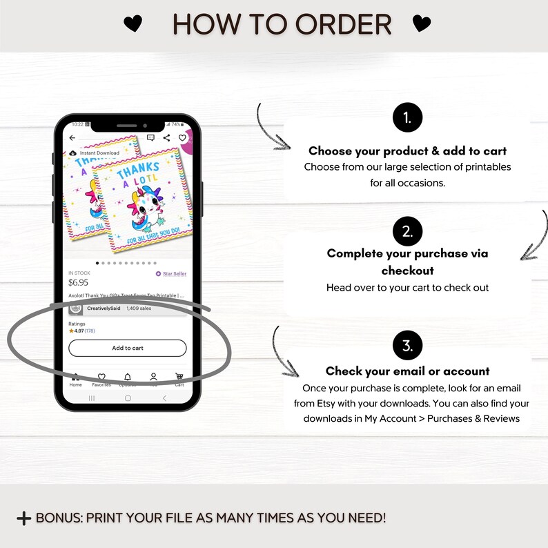 May include: A digital screen showing a printable design of a unicorn with the text "Thanks a lot!" in rainbow colors. The screen shows instructions on how to order and download the printable design. The text on the screen says "Choose your product & add to cart", "Complete your purchase via checkout", and "Check your email or account".