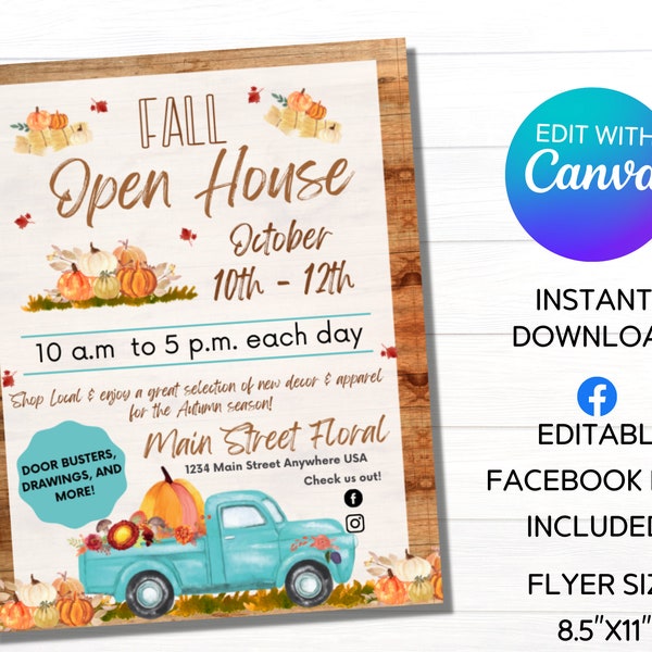 Fall Open House Flyer | Small Business Marketing | Editable Canva Template | Instant Download | Fall Open House | Canva Template