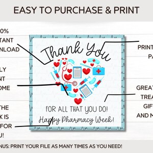 May include: Printable thank you card with a blue and white background and a heart shape made of medical symbols. The card says "Thank You" and "For all that you do! Happy Pharmacy Week!"
