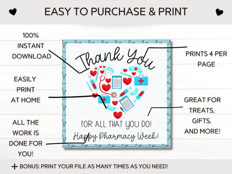 May include: Printable thank you card with a blue and white background and a heart shape made of medical symbols. The card says "Thank You" and "For all that you do! Happy Pharmacy Week!"