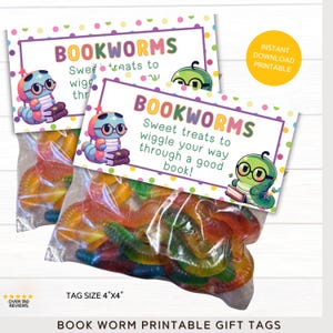 Etykieta upominkowa Bookworm Gift Treat Bag | Prezenty dla nauczycieli i uczniów Goody | Letnie czytanie | Podziękowania za książki | Etykieta do druku Book Worm