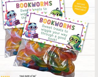 Bookworm Gift Treat Tag Goodie Bag | Goody Teacher Student Gifts | Summer Reading | Books Thank You | Book Worm Printable Label