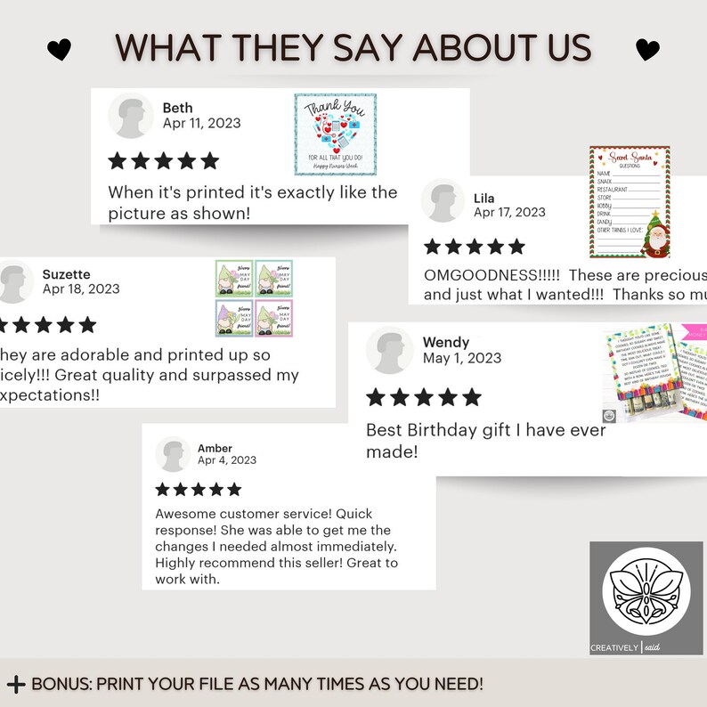 May include: A collection of customer reviews for a digital product. The reviews are positive and highlight the quality of the product. The reviews include text and star ratings.