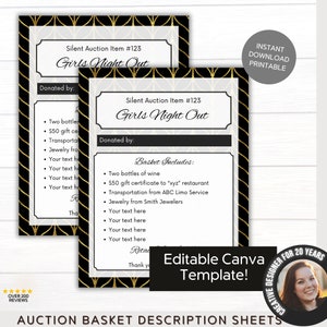 May include: Black and gold printable auction basket description sheet with the text "Girls Night Out" and a list of items included in the basket. The sheet is designed to be used for a silent auction.