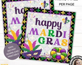May include: Printable Mardi Gras tags with a purple, green, and gold design. The tags feature a mask, beads, and the text "happy Mardi Gras".