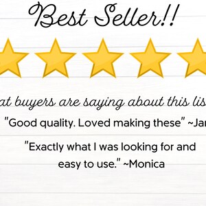 May include: Five gold stars with the text "Best Seller!!" above them. Below the stars, the text "What buyers are saying about this listing!" is displayed. Two customer reviews are shown: "Good quality. Loved making these" - Janice and "Exactly what I was looking for and easy to use." - Monica.