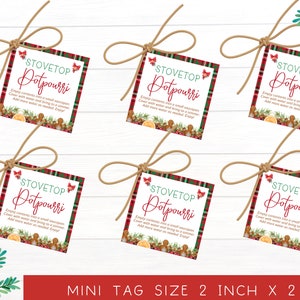 May include: Six red and green plaid gift tags with a white background. Each tag has a brown twine bow and reads "Stovetop Potpourri" with a gingerbread cookie design. The tags are 2 inches by 2 inches.