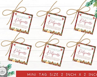 May include: Six red and green plaid gift tags with a white background. Each tag has a brown twine bow and reads "Stovetop Potpourri" with a gingerbread cookie design. The tags are 2 inches by 2 inches.