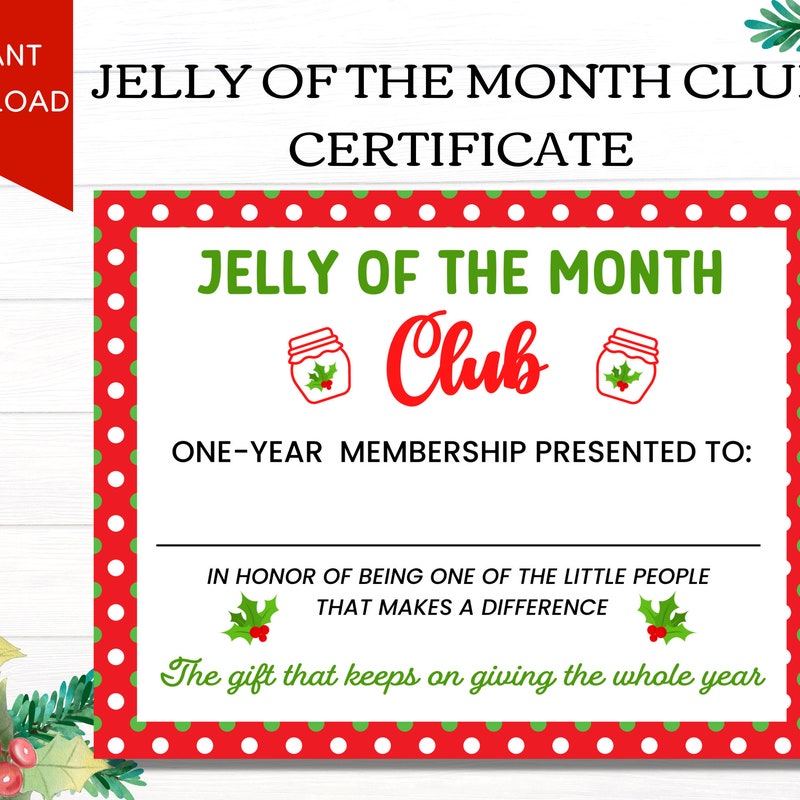 Jelly of the Month Club Certificate Printable Etsy