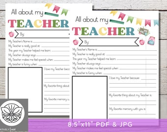 All About My Teacher Printable | My Favorite Teacher | Teacher Gift | Teacher Appreciation Week  | Teacher Gift for End of Year