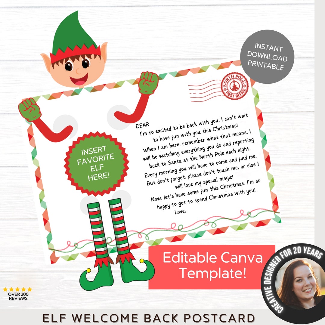 Welcome Back Elf Postcard Printable Editable Elf I'm