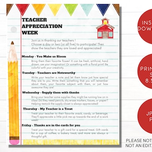Teacher Appreciation Week Menu | Teacher Appreciation Week Itinerary| | Menu for Teacher Appreciation Week | PTO | Printable Download
