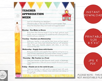 Teacher Appreciation Week Menu | Teacher Appreciation Week Itinerary| | Menu for Teacher Appreciation Week | PTO | Printable Download