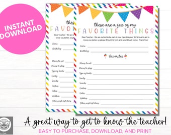 Teacher's Favorite Things Form | Gift Giving Ideas for Teachers | List of Teacher's Favorite Things | Printable Teacher Gift List