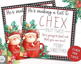 May include: Red and white checkered printable gift tags featuring a cartoon Santa Claus in a red mug with holly and gingerbread. The text reads "He's making a list & CHEX...ING IT TWICE! He's going to find out that you are nice! Merry Christmas! CHEX MIX TAGS".