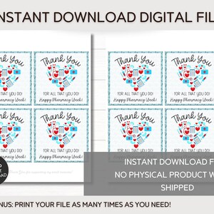May include: Eight printable thank you cards with a heart-shaped design featuring pharmacy-related icons in red, blue, and white. The text on the cards reads "Thank You" and "For all that you do! Happy Pharmacy Week!"