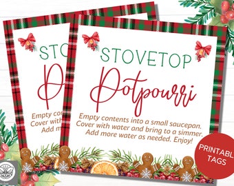 May include: Printable Christmas gift tags with a red and green tartan border. The tags feature a gingerbread man and the text "Stovetop Potpourri". The text instructs the user to empty the contents into a small saucepan, cover with water, and bring to a simmer.
