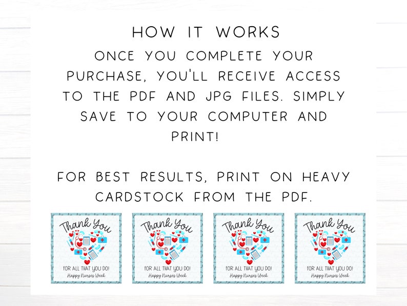 Printable Nurse appreciation Tag with a heart with medical items and text that says Thank You for all that you do Happy Nurses Week Printable Size is 4 inches by 4 inches and this is a digital download