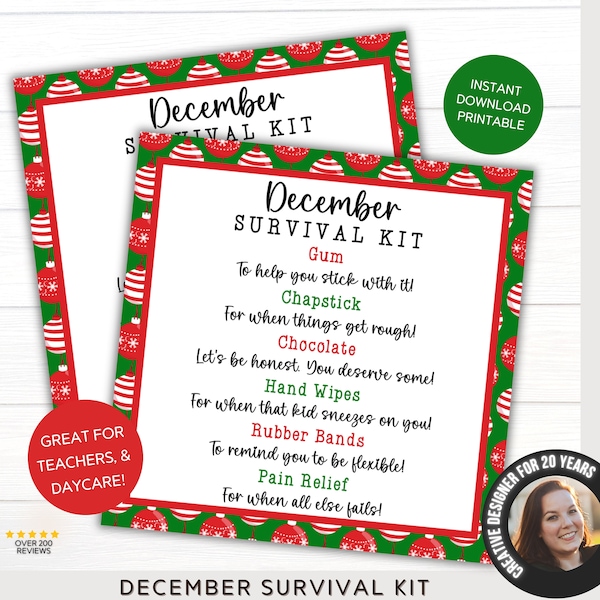 Teacher Daycare Teacher Preschool Christmas Gift | School Staff Christmas Holiday Gift Tag Printable | Bulk Gifts | December Survival Kit