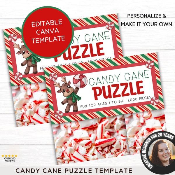 Editable Christmas Candy Cane Puzzle White Elephant Gag Gift | Secret Santa Gift | Stocking Stuffer | Bag Topper | Kids Christmas Favors