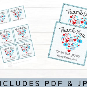 Printable Nurse appreciation Tag with a heart with medical items and text that says Thank You for all that you do Happy Nurses Week Printable Size is 4 inches by 4 inches and this is a digital download