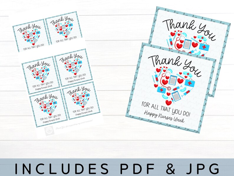 Printable Nurse appreciation Tag with a heart with medical items and text that says Thank You for all that you do Happy Nurses Week Printable Size is 4 inches by 4 inches and this is a digital download