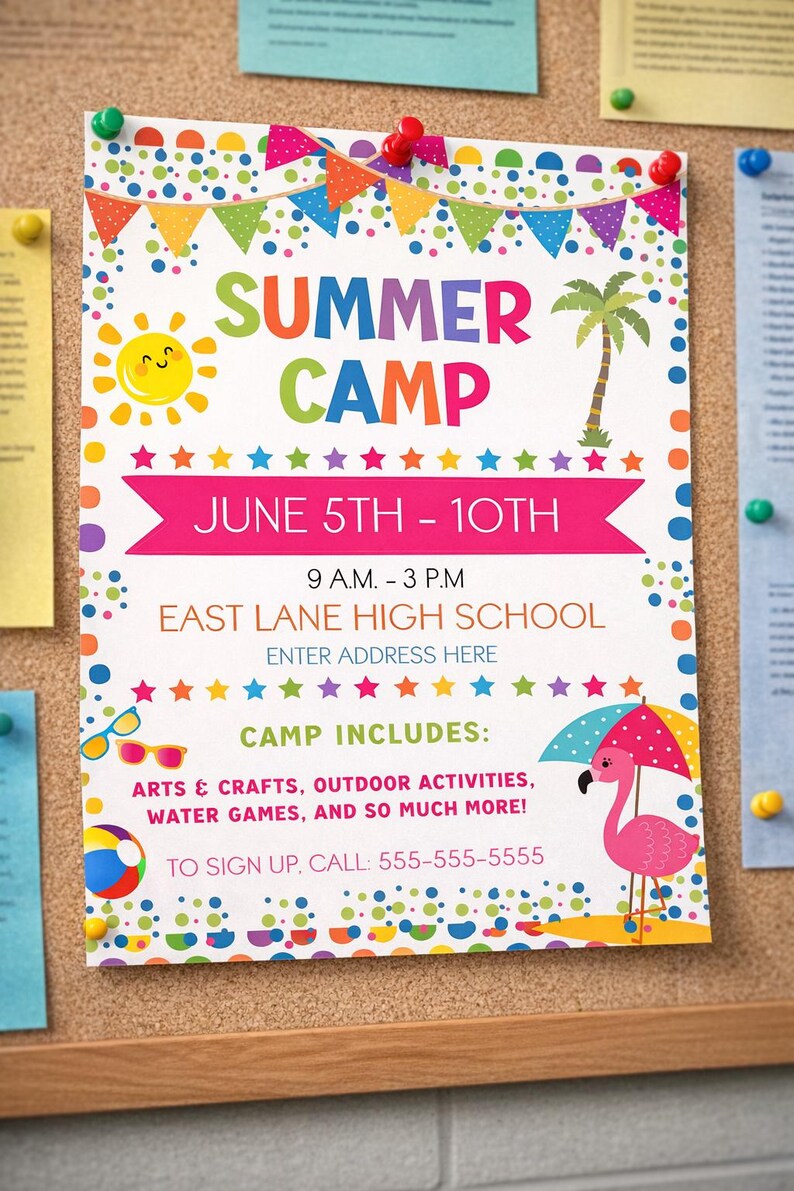 Puede incluir: Un colorido cartel de campamento de verano con las palabras "SUMMER CAMP" en letras grandes y multicolores. El cartel incluye un sol sonriente, una palmera y un flamenco bajo una sombrilla. El texto detalla las fechas, horarios y actividades del campamento.