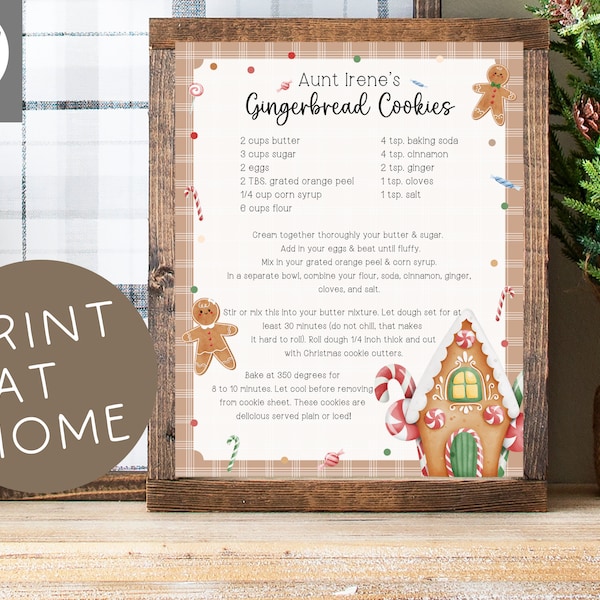 Gingerbread Cookies Recipes | Printable Gingerbread Cookie Recipe | Christmas Recipe Card | Christmas Cookie Recipe Print