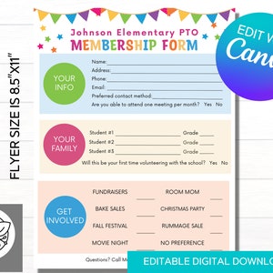 Editable Printable PTO PTA Membership Form | Parent Volunteer Sign Up for Back to School | Instant Download Canva Template | School Parent