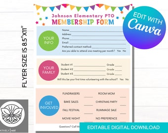 Editable Printable PTO PTA Membership Form | Parent Volunteer Sign Up for Back to School | Instant Download Canva Template | School Parent
