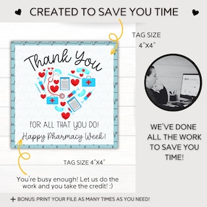 May include: A printable thank you card for pharmacy professionals. The card features a blue heart with red medical symbols and the text "Thank You" and "Happy Pharmacy Week!" The card is 4 inches by 4 inches.