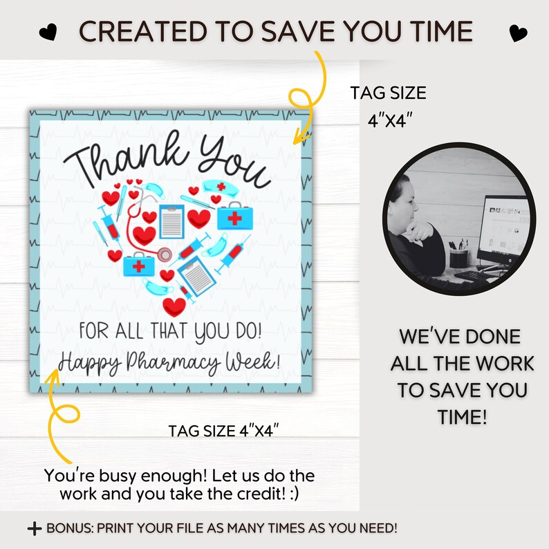 May include: A printable thank you card for pharmacy professionals. The card features a blue heart with red medical symbols and the text "Thank You" and "Happy Pharmacy Week!" The card is 4 inches by 4 inches.