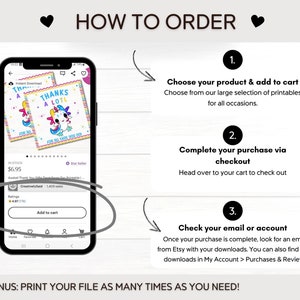 May include: A screenshot of an Etsy listing for a printable "Thanks a Lotl" card featuring a unicorn with rainbow colours. The listing shows a price of &pound;6.95 and a button to add the item to the cart. The image also includes instructions on how to order the printable, including choosing the product, completing the purchase via checkout, and checking your email or account for the download.