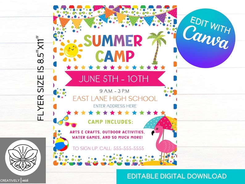 Volante de campamento de verano / Volante de verano / Plantilla editable imprimible / Plantilla de Canva / Volante imprimible / Plantilla de verano imagen 1