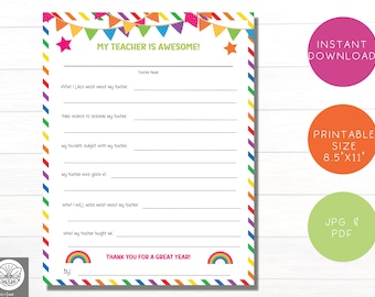 Teacher Appreciation Week All About My Teacher Worksheet | Student Gift For Teachers | Teacher Gifts Bulk | Teacher Thank You Gift Printable