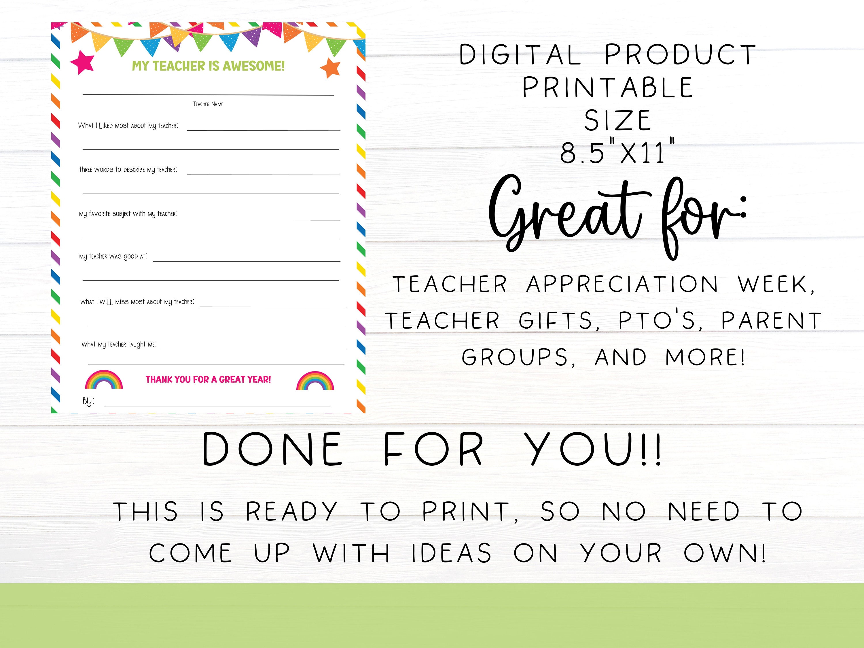 Teacher Appreciation Week All About My Teacher Worksheet | Student Gift ...