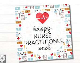 May include: A white card with a red heart and the text "happy nurse practitioner week" surrounded by a pattern of medical icons in red, blue, and yellow.