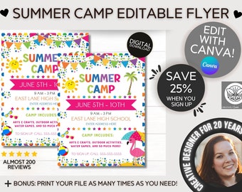 Folleto de campamento de verano / Plantillas de verano / Folleto de verano Guardería / Plantilla Canva editable / Folleto del programa de verano Niñera preescolar