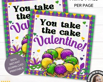 May include: Two Mardi Gras Valentine's Day cards with the text "You take the cake Valentine!" in purple. The cards feature a colorful donut design with purple, green, and yellow beads. The cards are decorated with hearts and diamond patterns.