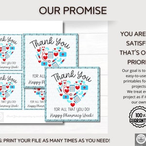 May include: Four printable thank you cards with a blue and white background. Each card features a red heart with pharmacy-related icons and the text "Thank You" and "For all that you do! Happy Pharmacy Week!"