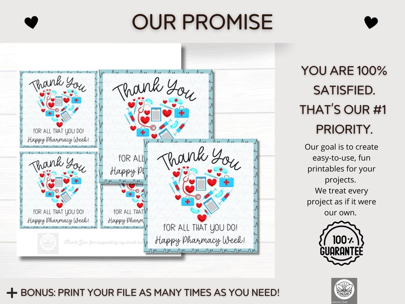 May include: Four printable thank you cards with a blue and white background. Each card features a red heart with pharmacy-related icons and the text "Thank You" and "For all that you do! Happy Pharmacy Week!"