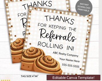 Realtor Referral Pop By Tags | Cinnamon Roll Gift Tag | Real Estate Marketing Small Business Owner | Editable Template  Thanks for Referrals